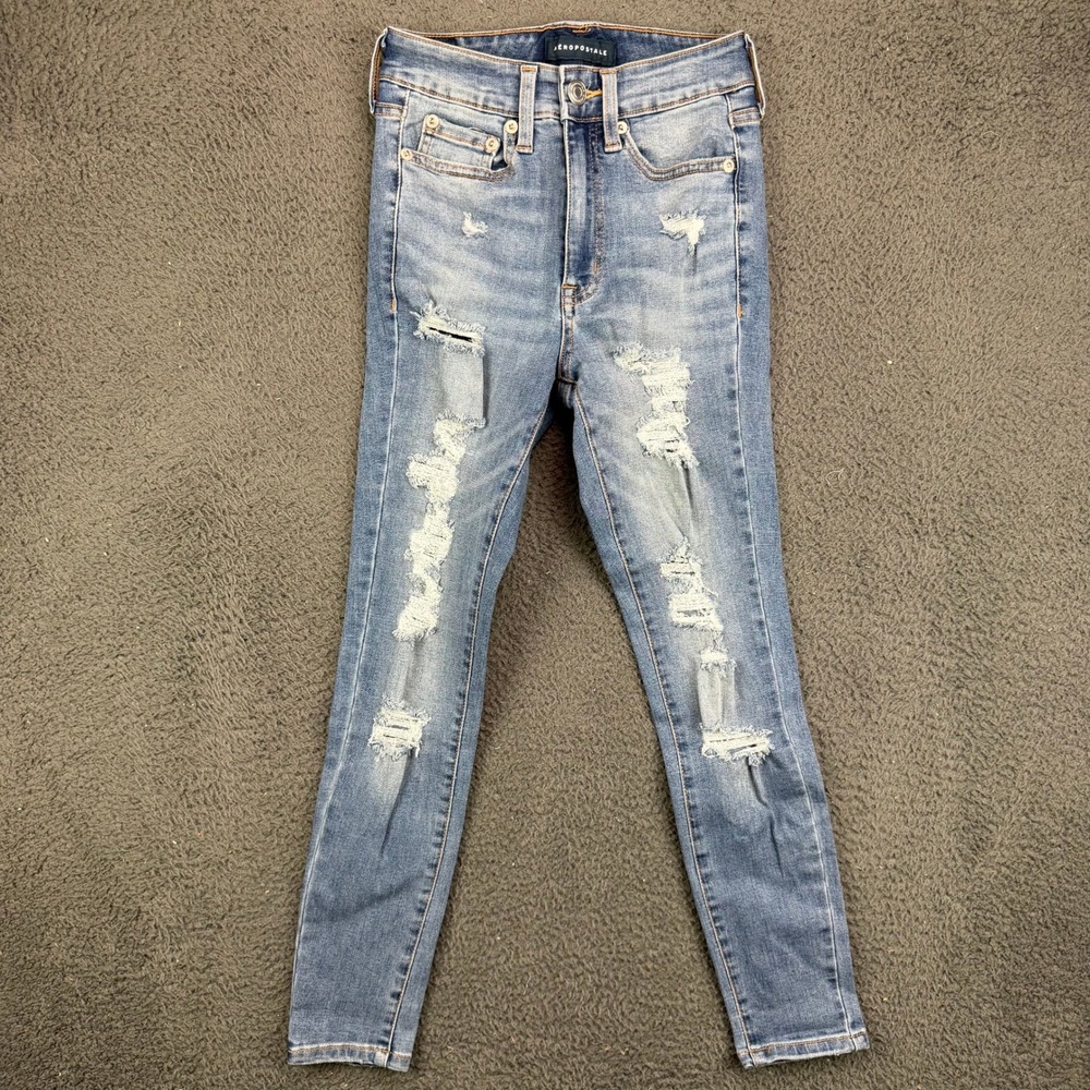 Aeropostale Super High Rise Jegging Jeans Blue Distressed Kids 000 Short 11806